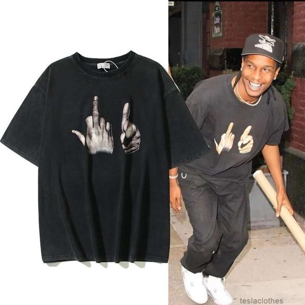 Tasarımcı Moda Giyim Lüks Tees Tshirts Trend BR High Street Vintage Rap Şarkıcı Asap Rocky Aynı Stil Yatak Yıkama Kısa Kollu T-Shirt