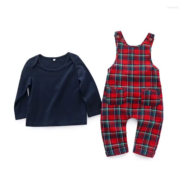 Kleidungssets Kleinkind Baby Junge Weihnachtsoutfit Einfarbige Langarmhemden Karierte Hosenträgerhosen Overalls Overall