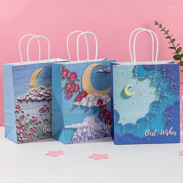Confezione regalo Pittura a olio Sacchetto di carta Kraft con manico Borse per imballaggio per feste di compleanno Regali di nozze per ospiti Fiore 3D