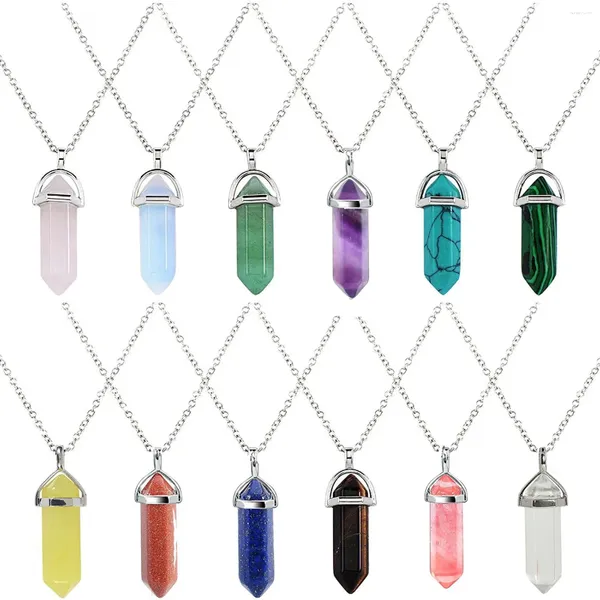 Pendentif Colliers Vente Rétro Pierre Naturelle Colonne Hexagonale Collier En Cristal Vintage Multi-couleur Chaîne Ras Du Cou Femmes Goutte