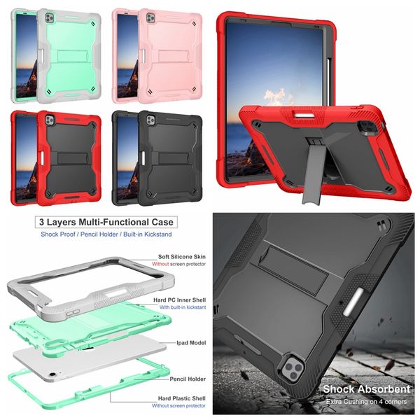 Custodie antiurto Defender per Ipad Pro 12.9 12.9 pollici Plastica dura PC Silicone morbido 3 in 1 Strato ibrido Supporto per cavalletto Impatto anteriore Anti-caduta Cover posteriore Pelle