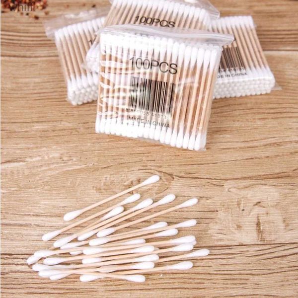 Pamuklu Swab 100pcs/ Paket Çift Kafa Pamuklu Swab Bebek Kadın Makyaj Pamuk Tomurcukları Tıbbi Ahşap Çubuklar İçin Tip Burun Kulakları Temizlik Sağlığı Carel231117