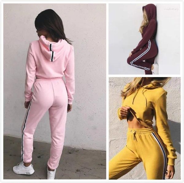 Frauen Zweiteilige Hosen 2023 Frauen 2 Set Hoodies Top Winter Trainingsanzug Burgund Rosa Gelb Schwarz Gestreiftes Outfit Femme Sportanzüge