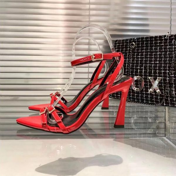 Moda kadın pompalar sandaletler zoe 100 mm İtalya rafine kırmızı siyah deri çapraz peep toe clare sling düğmesi tasarımcı yaz hediye gece elbisesi yüksek topuk sandal kutusu eu 35-43