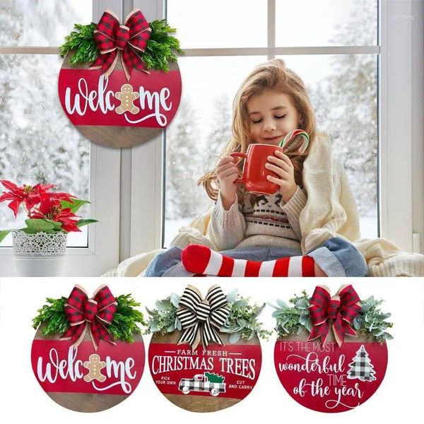 Flores decorativas 30cm guirlanda de natal com sinal de boas-vindas para decoração da porta da frente inverno xms interior ao ar livre artificial folha verde parede