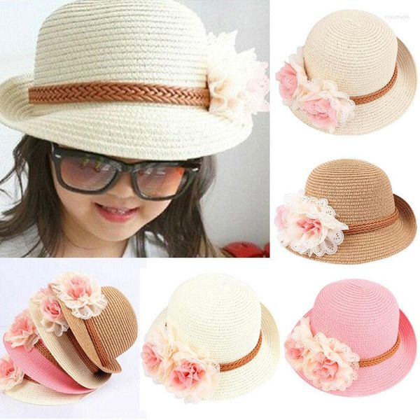 Şapkalar çocuk kız prenses güneş şapka çiçek plaj kapakları çocuklar saman geniş brim disket bej pembe beyaz khaki