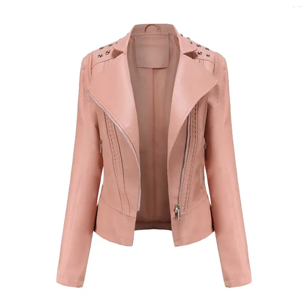 Jaqueta feminina de couro rebite falso, jaqueta feminina para motocicleta moto motociclista com zíper rosa preto roxo moda primavera outono 2023
