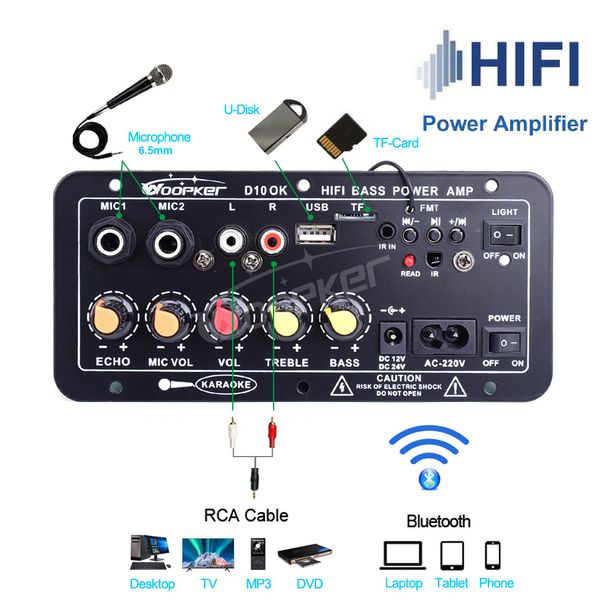 WOOPKER-Audioverstärker-Board 30-120W Support Doppelmikrofon Bluetooth Amplificatore Subwoof für 4OHM-Lautsprecher 12V 24V 110V 220 V