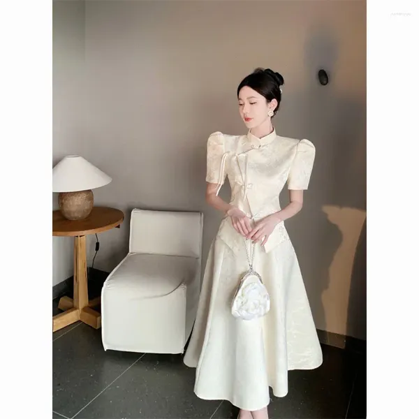 Abbigliamento etnico 2023 stile cinese cotone moda Cheongsam Set pulsante jacquard da donna retrò manica corta Top abito a vita alta Qipao
