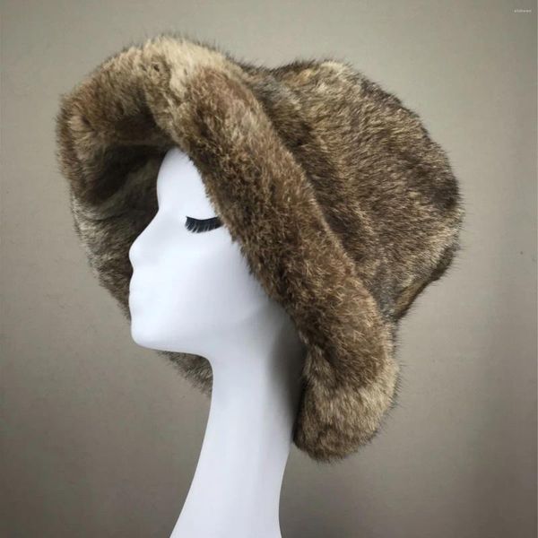 Berets Real Fur Bucket Hat 2023 Furry Winter Natural Brown Cor Moda Grosso Quente Luxo 23A0808