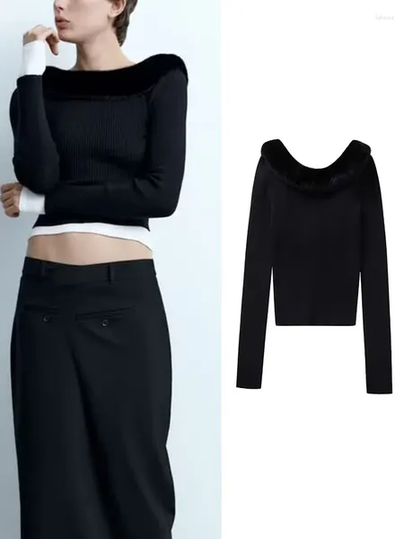 Suéter feminino gola de pele sintética, suéter de malha 2023 moda pulôveres de malha curto outono elegante manga comprida