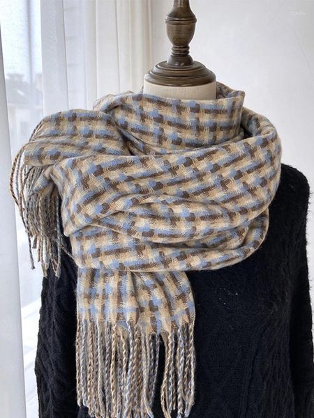 Sciarpe Sciarpa Vintage Foulard Inverno Donna Donna Uomo Preppy Plaid Sciarpa con nappa Calda Pashmina Mujer Femme Uomo Foulard Scialle avvolgente