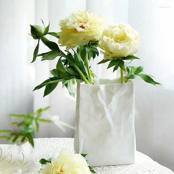Vasi Sacco di carta increspato Vaso Libro Fiore Ceramica bianca Unico quadrato Bocca larga pieghettato Piccolo per la decorazione domestica