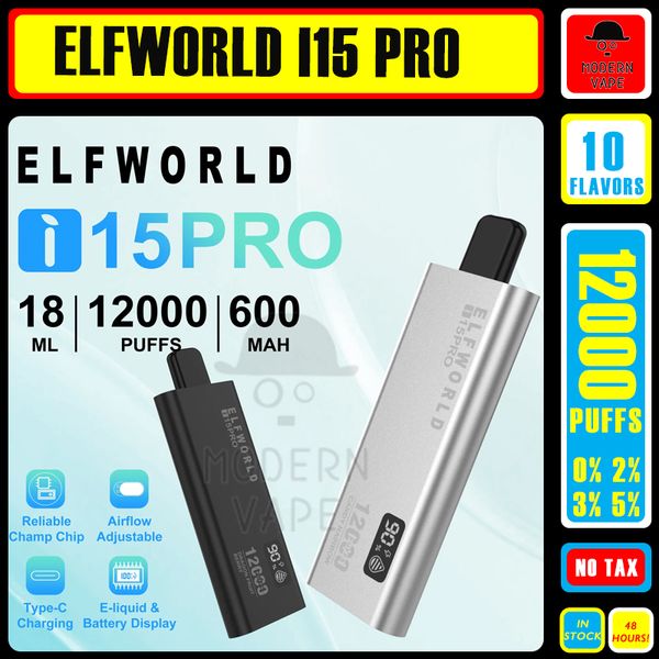 Original ELFWORLD i15Pro 12000 Puffs Tela de Carga Display Recarregável E Cigarros Vape Pen 2% 5% Bobina de malha com bateria de 600mAh 18ml 10 sabores em estoque