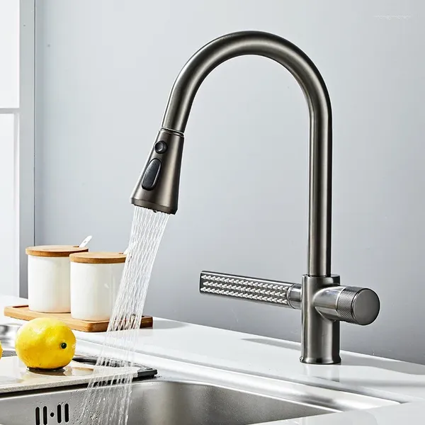 Rubinetti della cucina Il rubinetto a cascata grigio può tirare 4 vie Metodi di uscita dell'acqua Rubinetto per lavabo monoforo freddo e in ottone Cromo bianco