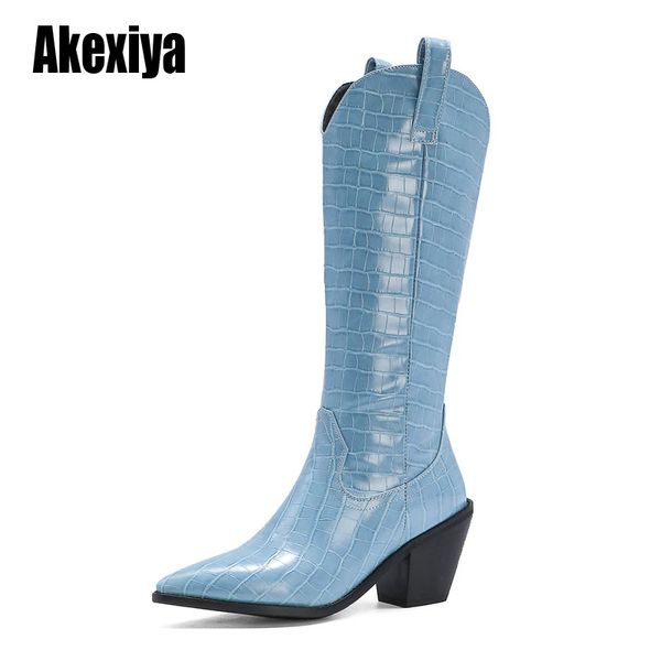 Stiefel Schwarz, Blau, Weiß, kniehoch, Western-Cowboy für Damen, lang, Winter, spitze Zehen, Cowgirl-Wedges, Motorrad, 231116