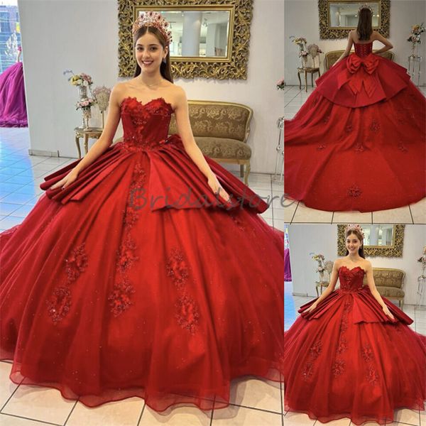 Princesa Red Charro Quinceanera Vestidos Luxuoso Lace Vestidos De Xv Anos Dezesseis Festa de Aniversário Halloween Doce Quinze Vestido Com Arco 2024 Elegante Promdress
