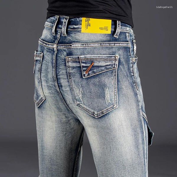 Jeans da uomo Slim Dritto Vintage Casual Moda Scratch Zipper Design Pantaloni in denim di grandi dimensioni in cotone di marca