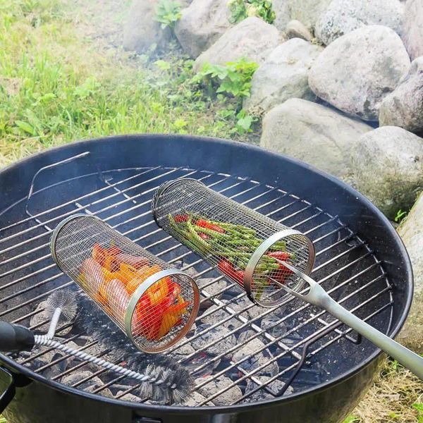 Outils Barbecue panier Portable en acier inoxydable roulant griller étanche maille Barbecue support pique-nique Camping cylindrique Grill