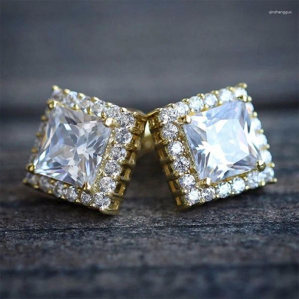 Orecchini a bottone Hiphop Princess Cut Quadrato zircone bianco per donna Uomo Colore argento Orecchini a bottone vintage geometrici per feste di nozze Regali