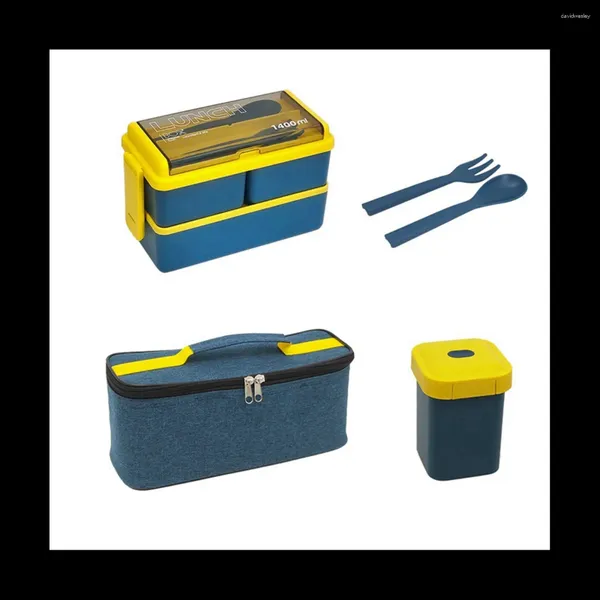 Geschirr Doppelschichtige tragbare Lunchbox für Kinder mit Gabel und Löffel Mikrowelle Bento Boxen Set Vorratsbehälter