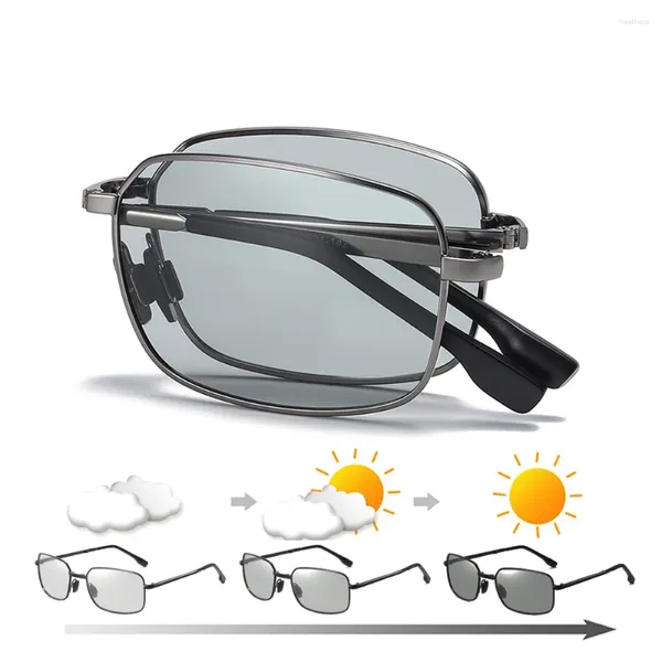 Óculos de sol homens dobrável pochromic com lente polarizada retângulo metal verão masculino tons 2023 produtos de tendência