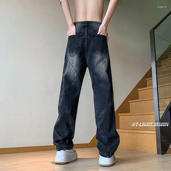 Calças masculinas American Retro Wave Wave Straight perna Jeans Homens e mulheres Streetwear Spring Autumn Fashion Trend Color Solid Handsome