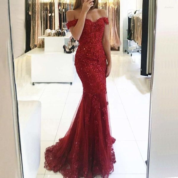 Abiti da festa Vino rosso pizzo sirena abiti da sera con spalle scoperte abito lungo sexy con diamanti per le donne 2023 personalizzato