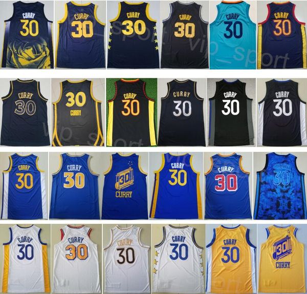 Mens City Stephen Curry Basketbol Forması 30 Kazanılan Nakış ve Dikiş Takımı Siyah Beyaz Blue Sarı Renk Derneği Spor Taraftarları için Saf Pamuk Açıklama Satış