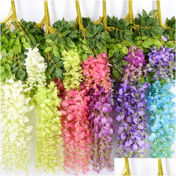 Flores decorativas grinaldas 7 cores elegante flor de seda artificial wisteria videira rattan para casa jardim festa decoração de casamento 10c dhlx5