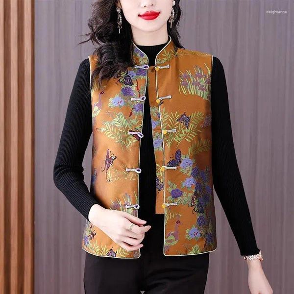 Gilet da donna 2023 Autunno Inverno Gilet Cinese Vintage Raso Jacquard Piastra Fibbia Migliorata Tang Top Gilet della mamma Senza maniche Cappotto corto