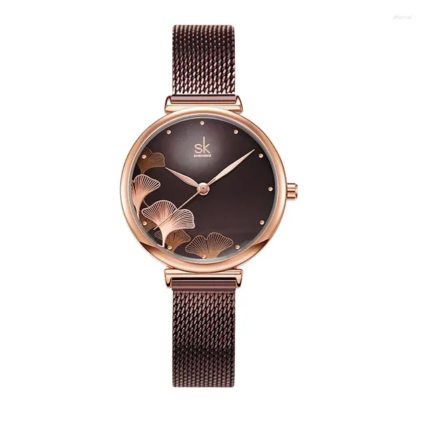 Relógios de pulso relógio feminino feminino ginkgo folha padrão aço malha banda famosa relógio de pulso impermeável alta beleza quartzo 0139