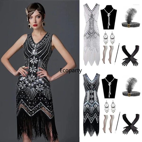 Vestidos casuais mulheres 1920s retro elegante flapper vestido grande gatsby festa cosplay sem mangas lantejoulas frisadas borla vestidos femininos