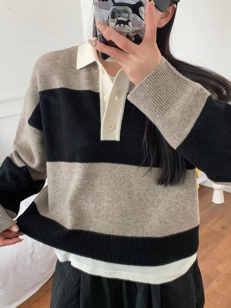 Kadın Sweaters Kadın Dönüş Yaka Stripes Patchwork Örgü Sweater 2023 Sonbahar Uzun Kollu Kadın Günlük Jumper Düğmeleri