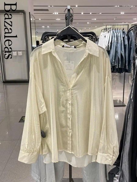 Blusas femininas 2023 bazaleas loja camisas soltas metálicas transparentes botão acima blusa roupas oficiais