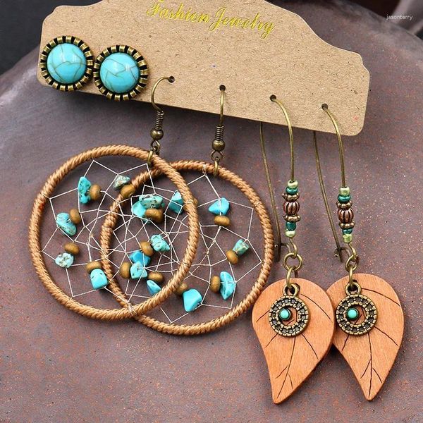 Baumelnde Ohrringe Bohemian Hollow Dream Catcher Holzblatt lang für Frauen Schmuck Blauer Naturstein Tropfen Brincos