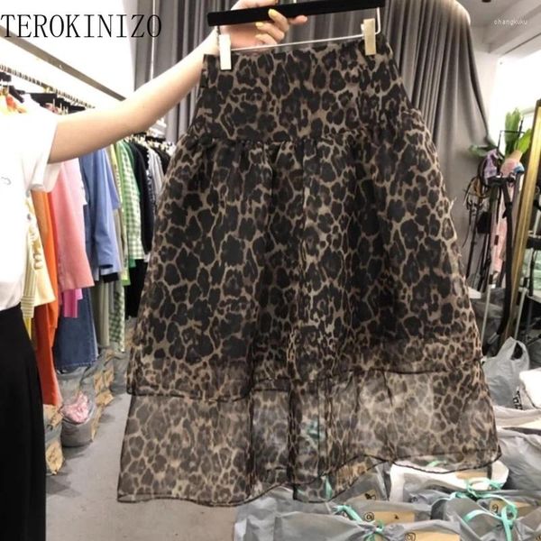 Saias Terokinizo Leopardo Impresso Vintage Mulheres Cintura Alta A Linha Moda Jupe Femme Streetwear Temperamento Midi Faldas Mujer