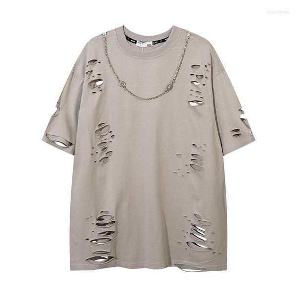 T-shirt da uomo High Street Strappato Fori Maniche corte T-shirt da uomo Tinta unita Streetwear Oversize Casual Top Tees Estate Harakuju Uomo