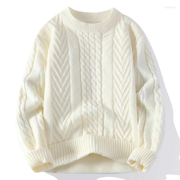 Мужские свитера, зимний вязаный пуловер с круглым вырезом, сплошной цвет, простой винтажный свитер с геометрическим узором, модная нижняя корейская мужская одежда