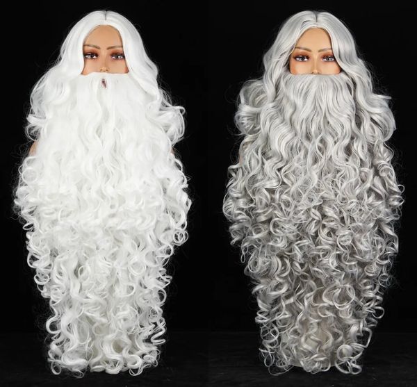 Parrucche Cosplay 75cn/30 pollici Parrucca barba di Babbo Natale capelli sintetici capelli corti mago uomo bianco grigio accessori per capelli 231116