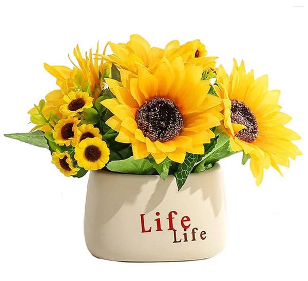 Dekorative Blumen Mini gefälschte Sonnenblumen Pflanzen Set klein künstlich mit Vase für Zuhause Küche Büro Schlafzimmer Dekor Innen