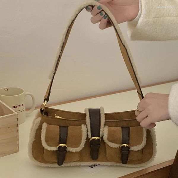 Abendtaschen Faux Wildleder Spleißen Lammwolle für Frauen Luxus Designer Handtasche Geldbörse 2023 Vintage Doppeltaschen Schulter Umhängetasche