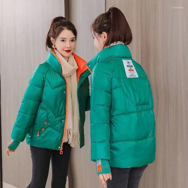 Trench da donna Verde lucido Parka da donna 2023 Giacca invernale Piumino spesso imbottito in cotone Parka Cappotto corto corto allentato da donna Impermeabile