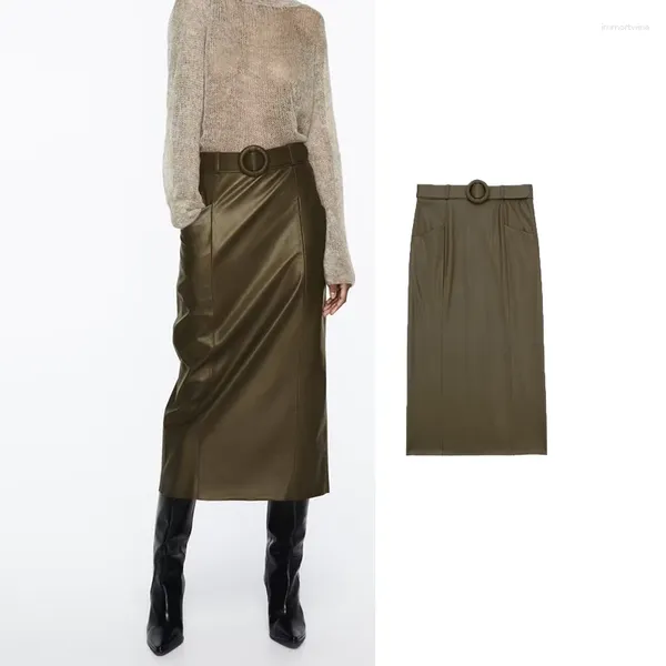 Röcke 2023 Damen Kunstleder Langer Rock Hohe Taille Midi Für Frauen Herbst Gürtel Elegante Damenmode