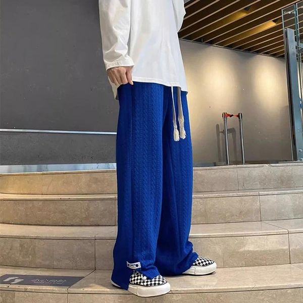 Calças masculinas vintage azul jacquard homens sweatpants moda streetwear calças soltas fenda lateral reta-perna casual bottoms roupas masculinas