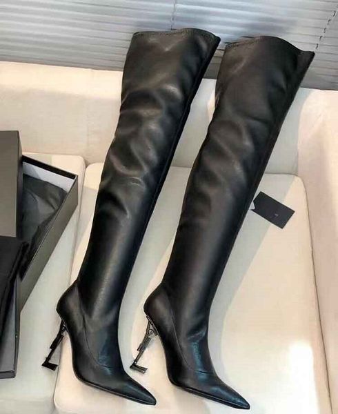 Inverno elegante mulheres opyum sobre o joelho botas ponto-toe joelho-alta bota de couro de patente botas de couro de bezerro senhora andando EU35-43 caixa original