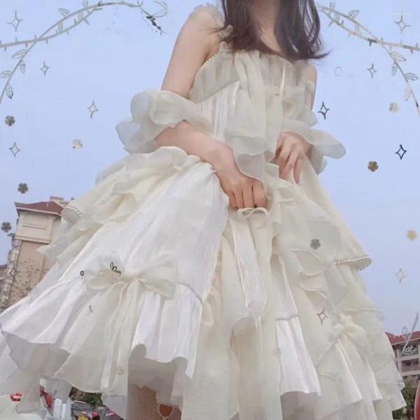 Vestidos casuais doce lolita vestido de verão anjo branco flor casamento elegante cinta com xale fairycore sem mangas vestidos para mujer
