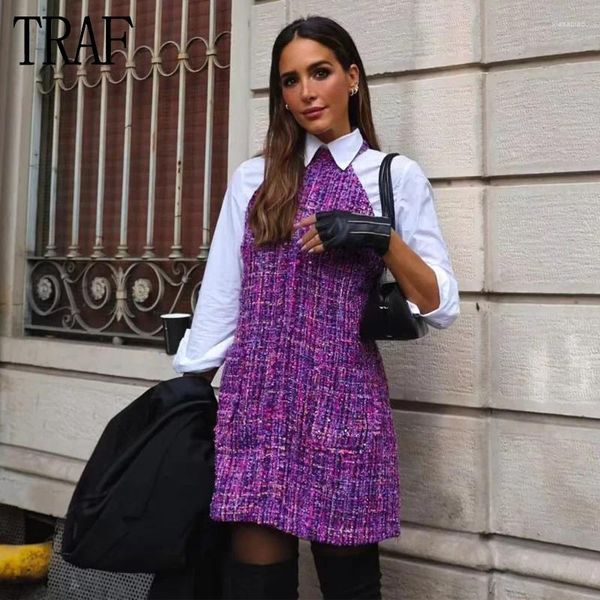 Vestidos casuais 2023 halter mini vestido mulher roxo fora do ombro para mulheres outono tweed feminino sem mangas escritório