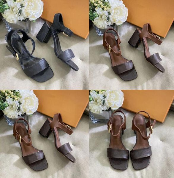 Популярный бренд Summer Women Sandal High Hel Heel Luxury Brand Design Silhouette Sandals Block Heel Brown Подличная кожаная ходьба на открытом воздухе Eu35-41 с коробкой