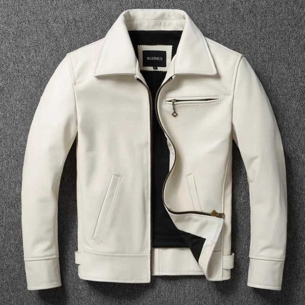 Giacche da uomo Giacca in vera pelle da uomo Giacca in pelle di vitello con risvolto bianco Cappotto da uomo in pelle bovina naturale Giacca da motociclista in pelle bovina con strato superiore slim fit J231116